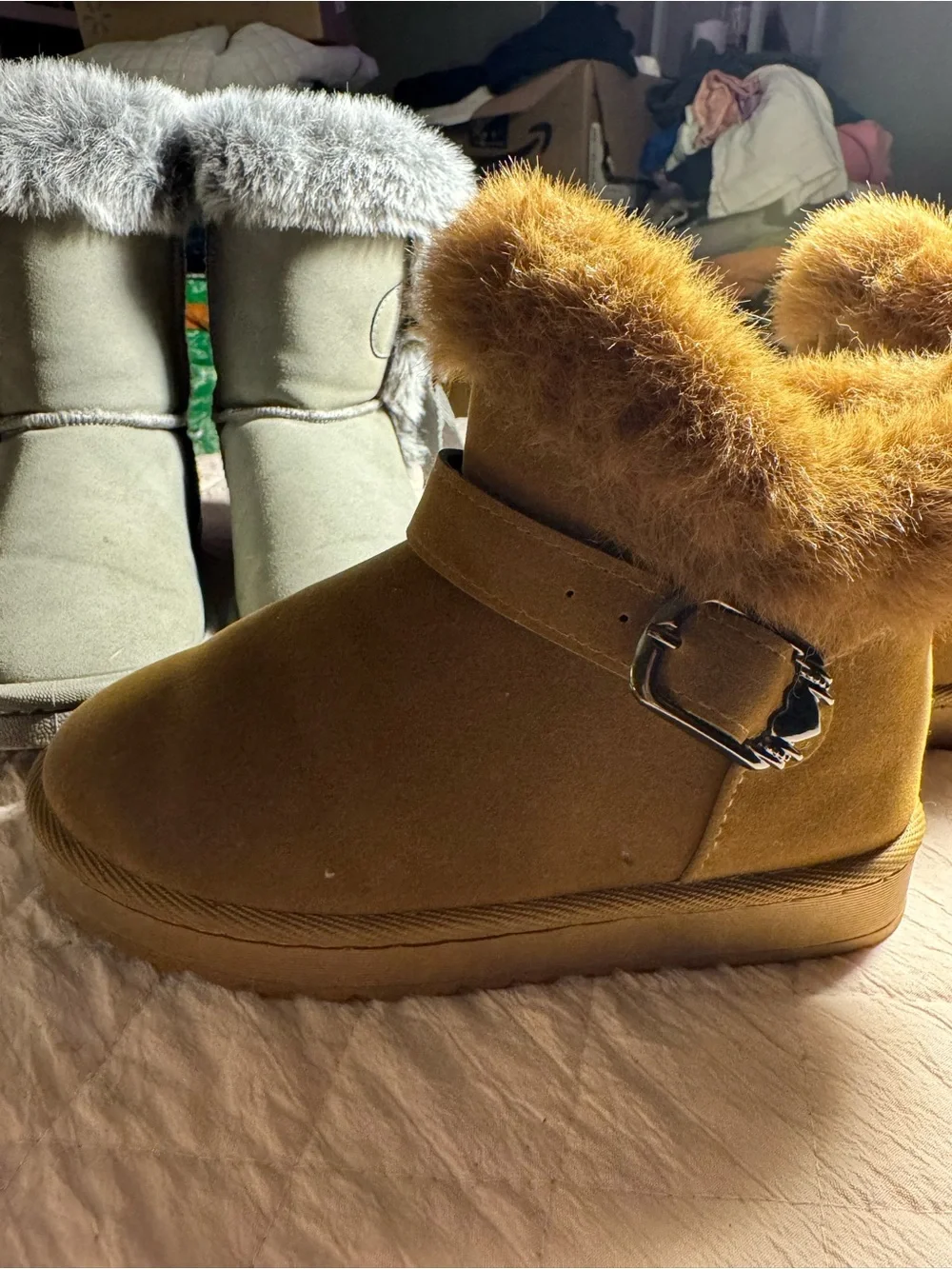 Amazon Girls Faux-Fur Ankle Winter Boots in Gray and Camel
